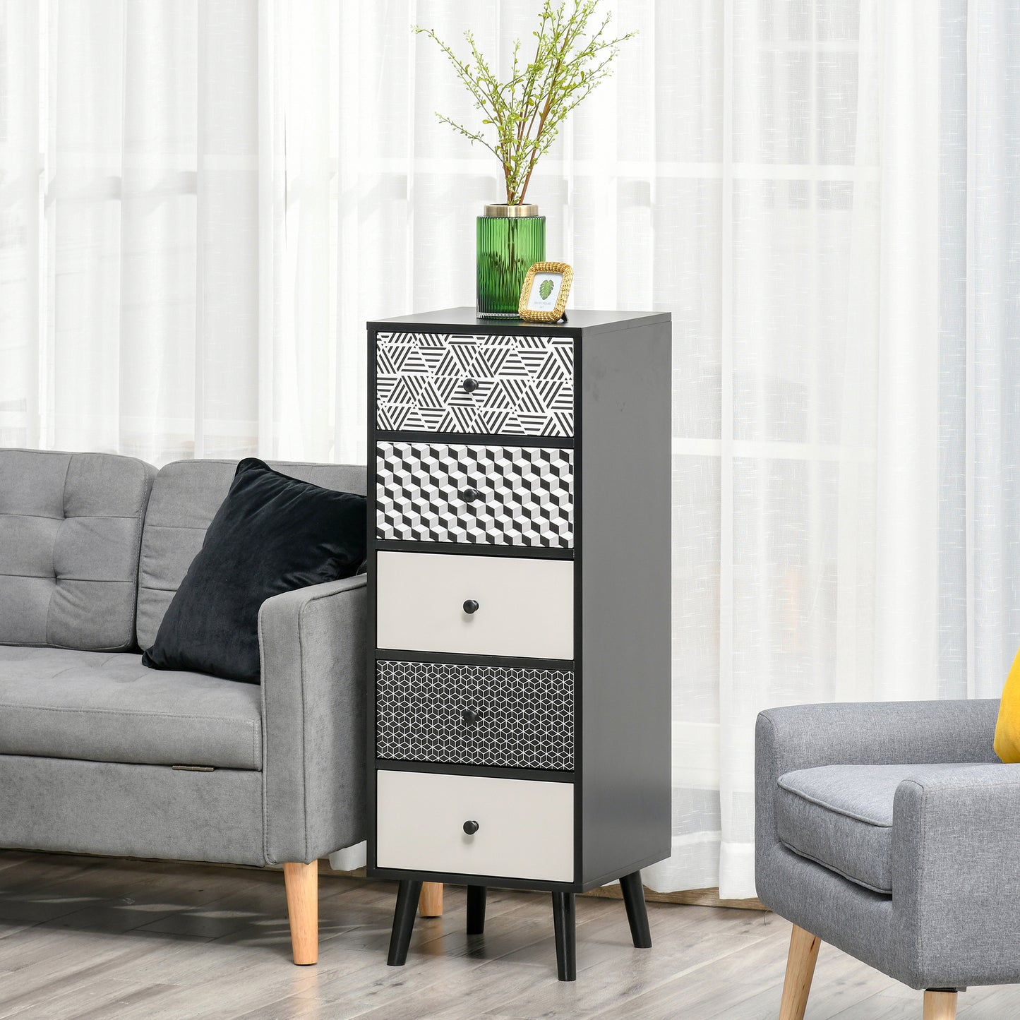 Rerora Scandi Monochrome Black and White Wooden Vertical 5 Drawer Storage Chest