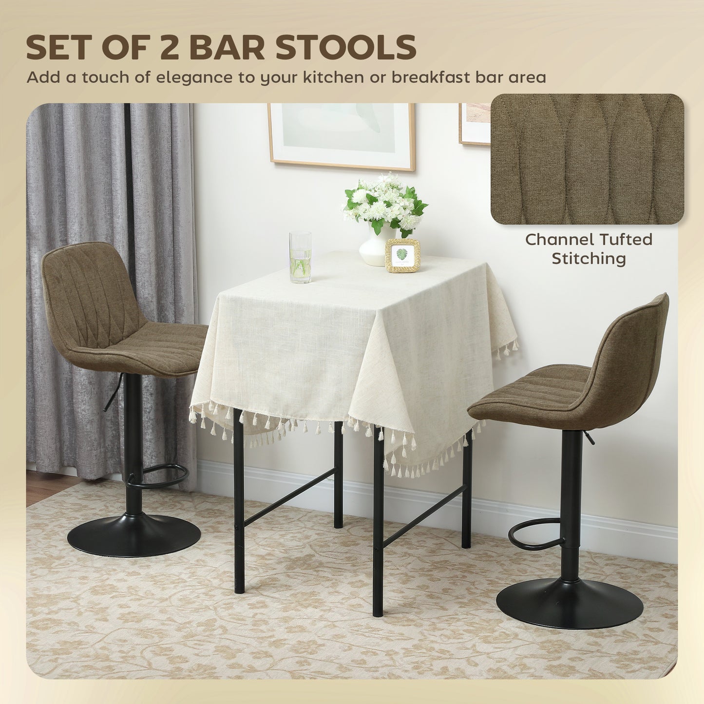 Sehake Fabric Brown Linen Look Bar Stools Set Of 2