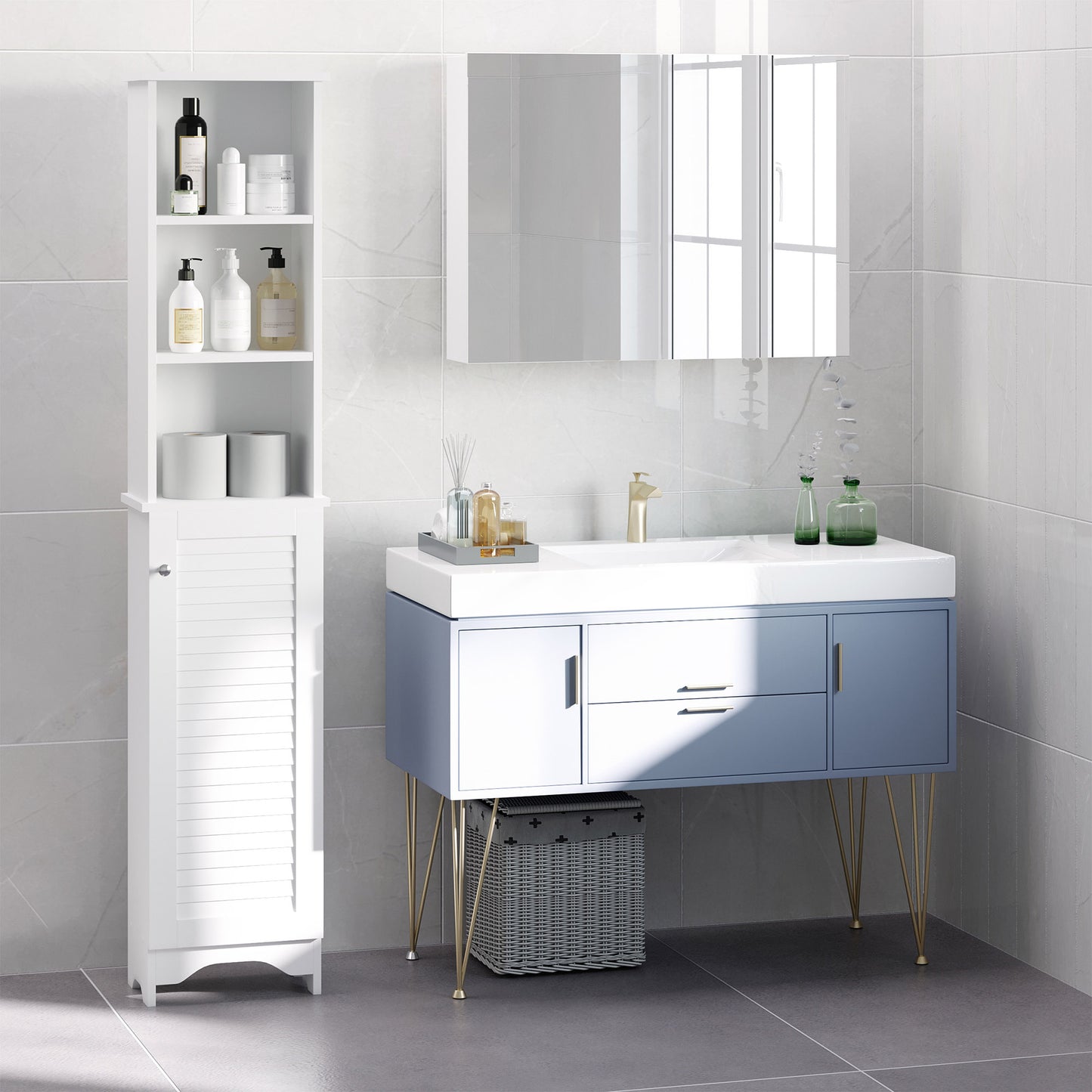 Nesaco Cofa Slim Tall Bathroom Storage Cabinet With Adjustable Shelves And Shutter Door White
