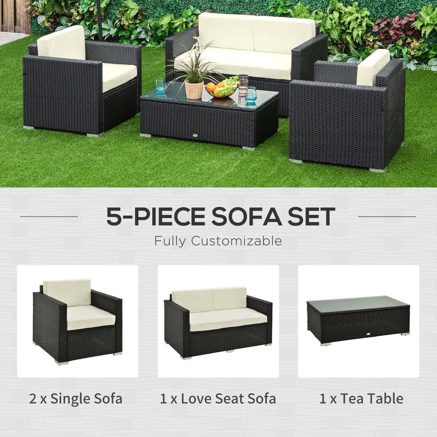 Elrolo Rattan Black 4 Seater Outdoor Sofa Set With White Cushions and Rectangular Coffee Table Glass Top