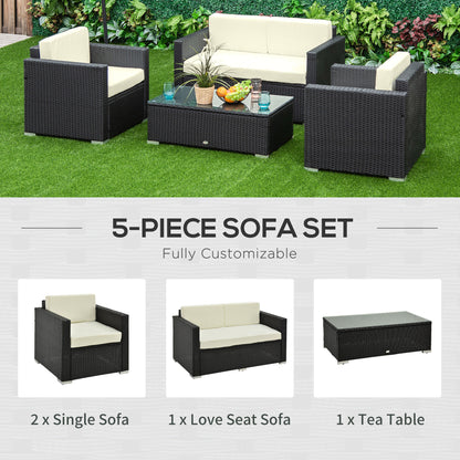 Elrolo Rattan Black 4 Seater Outdoor Sofa Set With White Cushions and Rectangular Coffee Table Glass Top