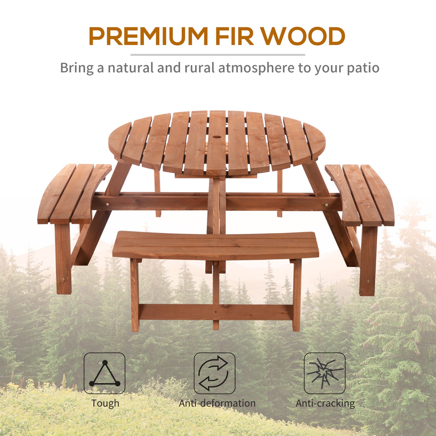 Bataba Brown Fir Wood 8 Seater Outdoor Picnic Table Set