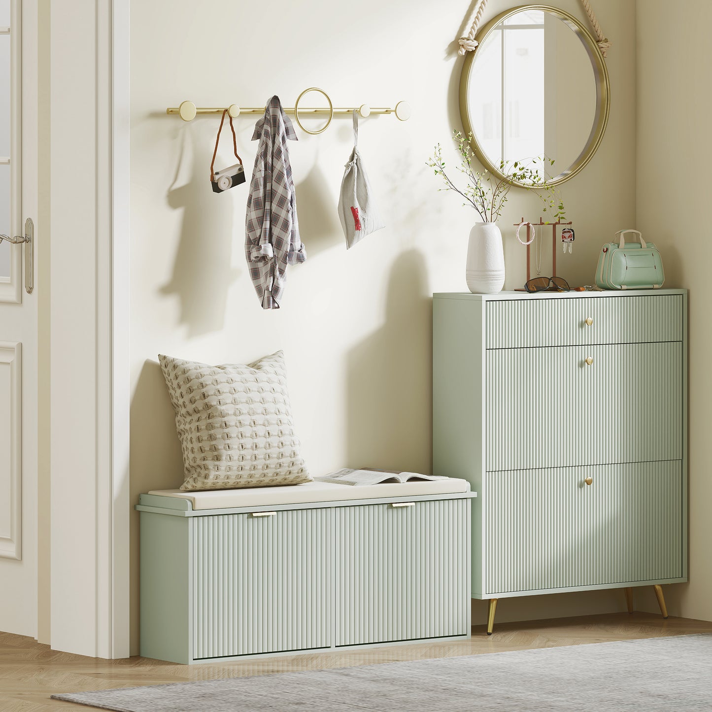 Reraha Mint Green Wooden 10 Pair Shoe Bench With Cushioned Top