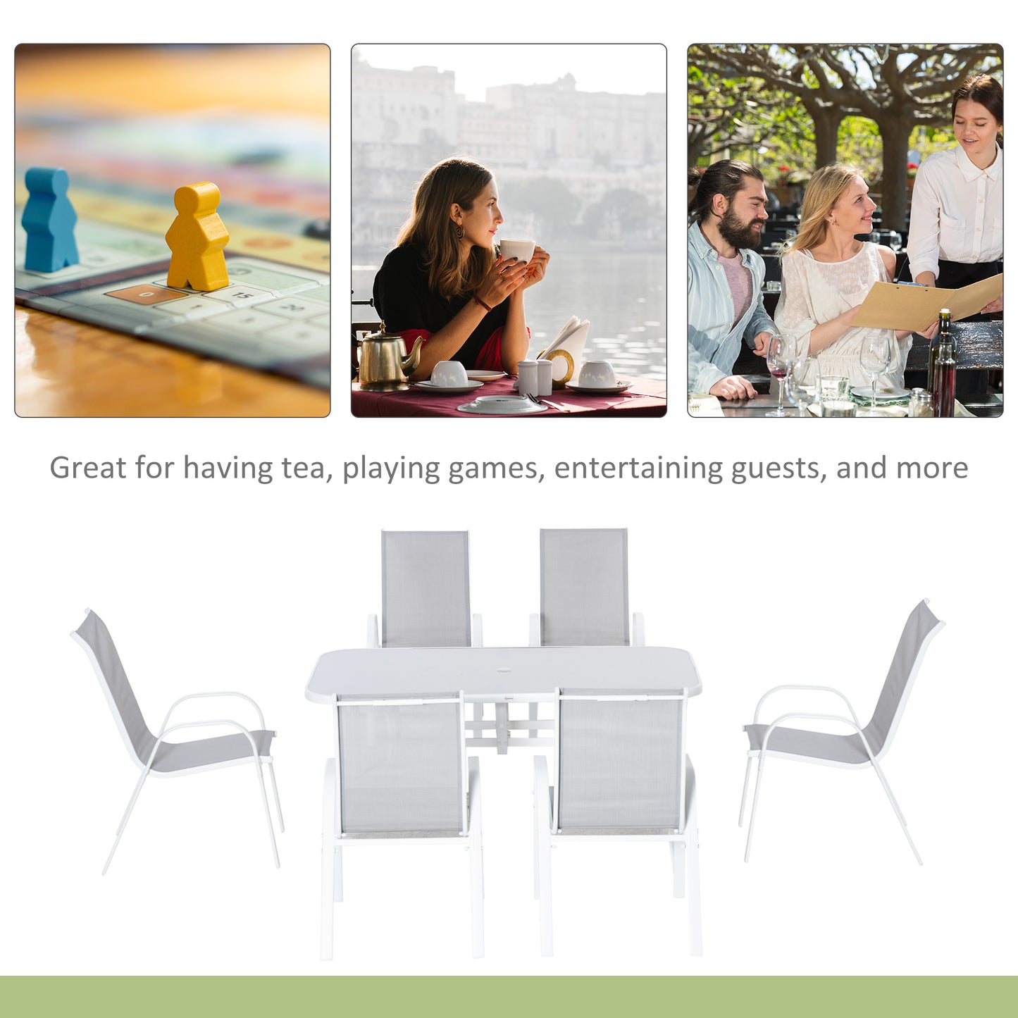 Niseso 6 Seater with White Metal and Light Grey Mesh Outdoor Dining Set