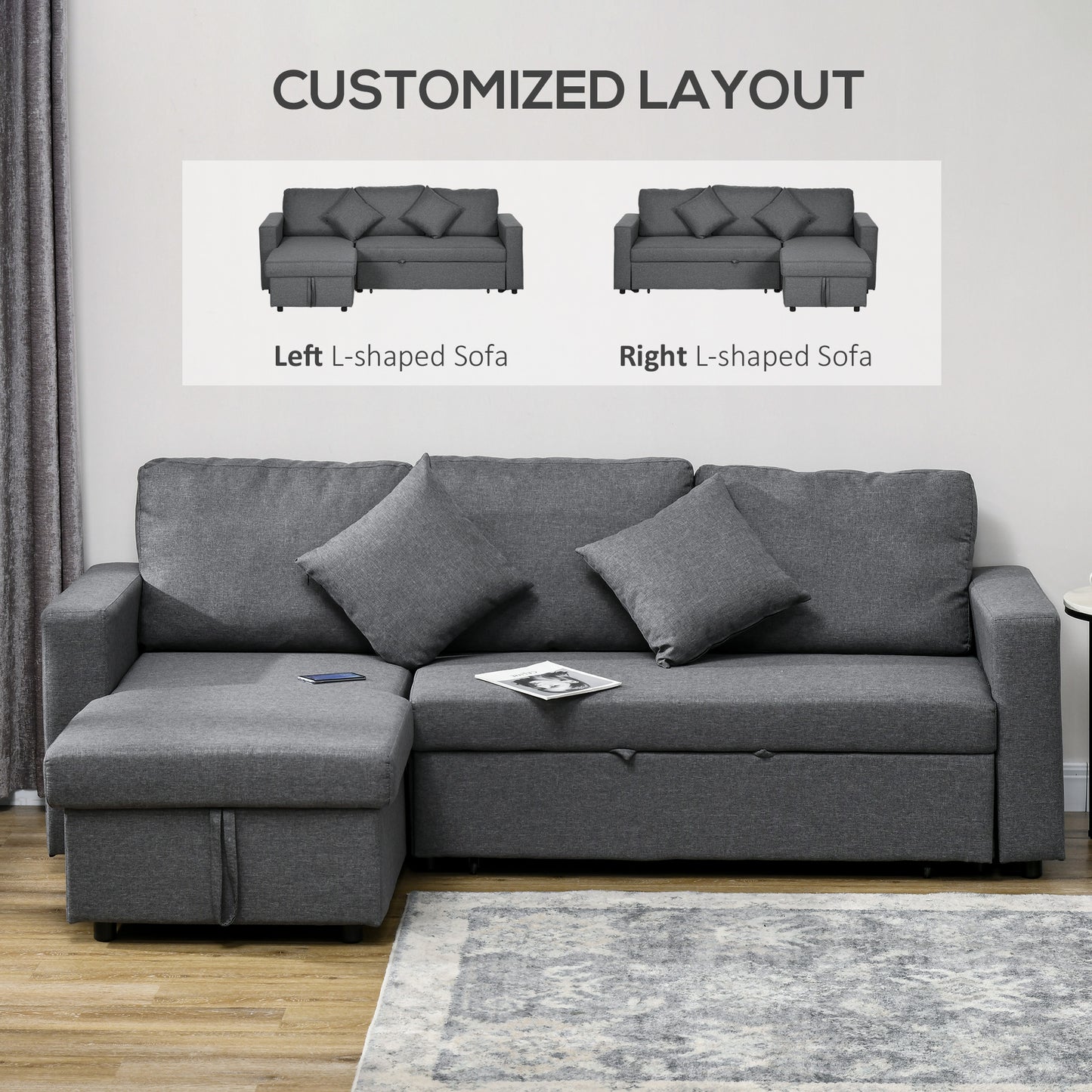 Kesosu Dark Grey Upholstered 3 Seater Sofa Bed With Built In Storage