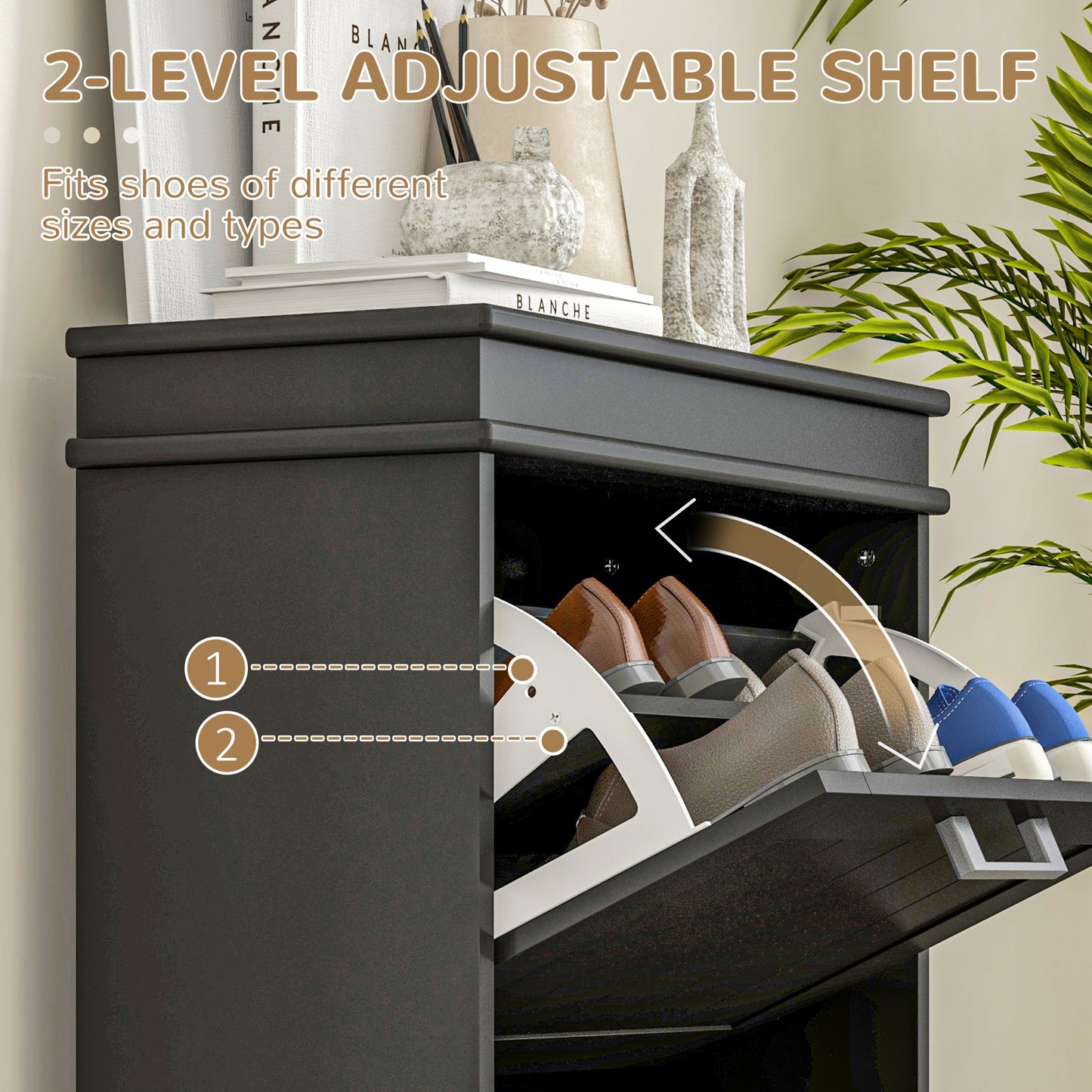 Fadivi Raka Wooden Black Minimal 2 Drawer Shoe Cabinet For 10 Pairs