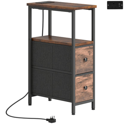 Suro Wooden Narrow Bedside Table With 2 Drawers And Built In Charging Station