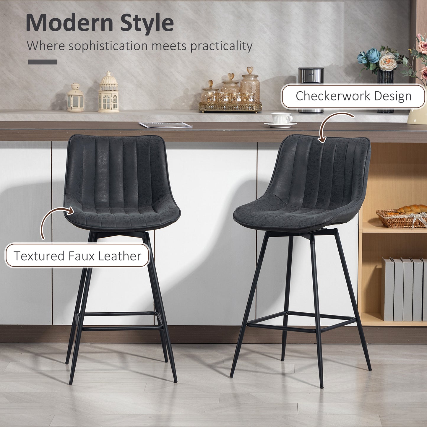 Lono Set Of 2 Black Faux Leather Swivel Counter Stools