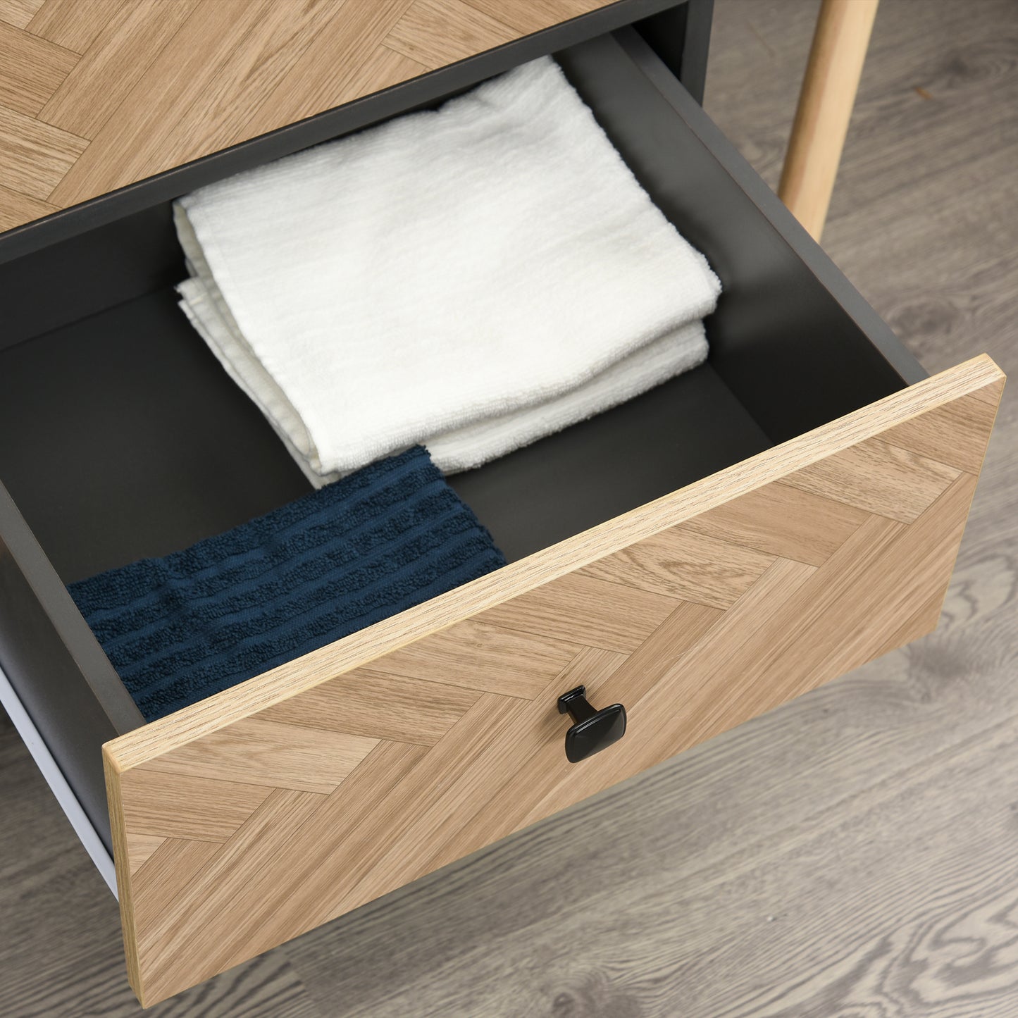 Belavyn Black and Natural Chevron Wardrobe With Hanging Rod Top Shelves And 2 Drawers