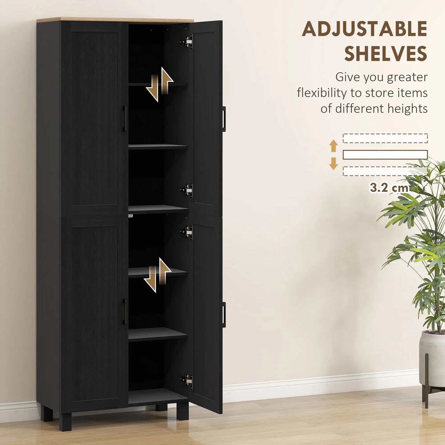 Parare 171cm Wooden Black 4 Door Freestanding Kitchen Pantry Cabinet