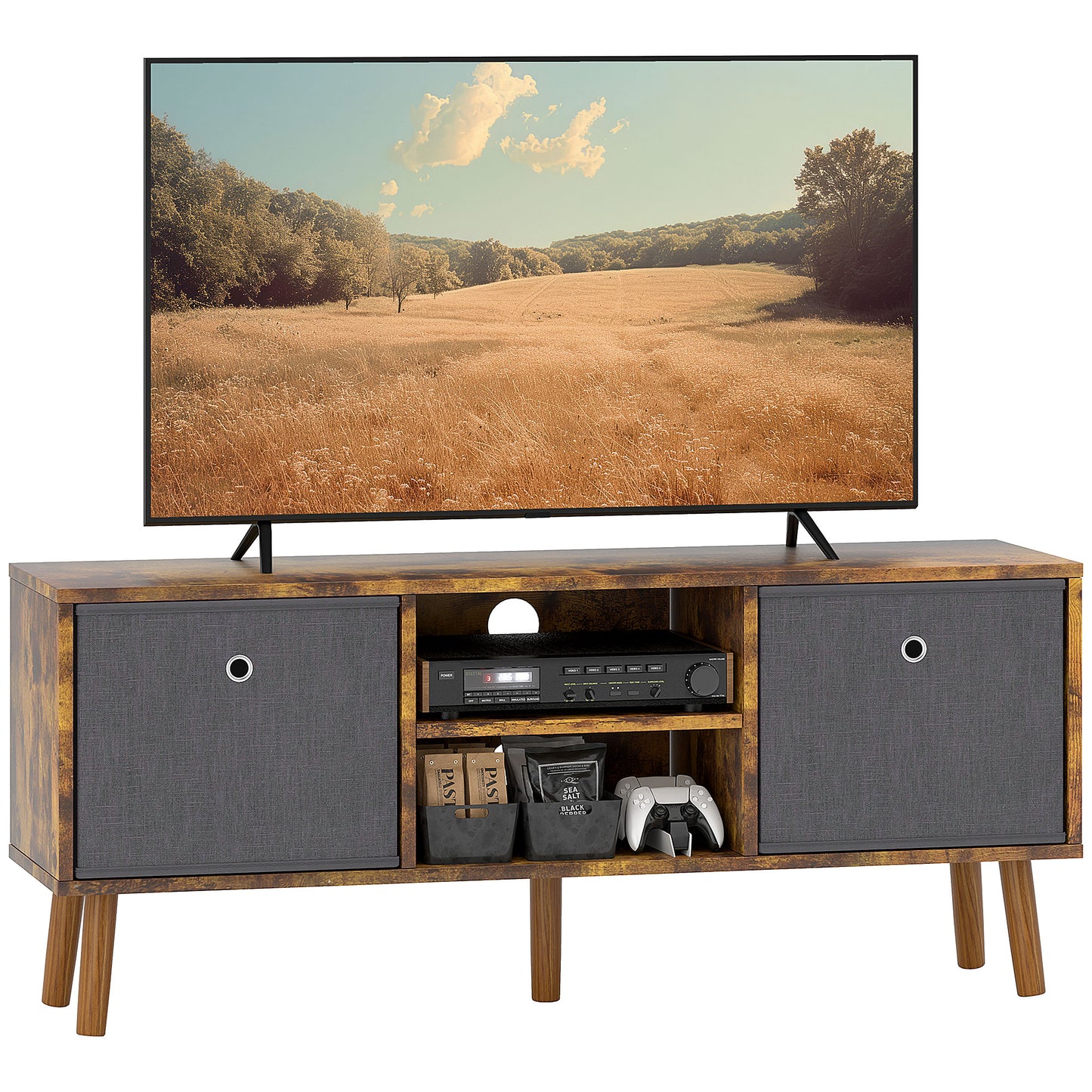 Dilo 110cm Wooden Rustic Brown TV Storage Cabinet With Fabric Fold Down Drawers For Screens Up To 50 Inches
