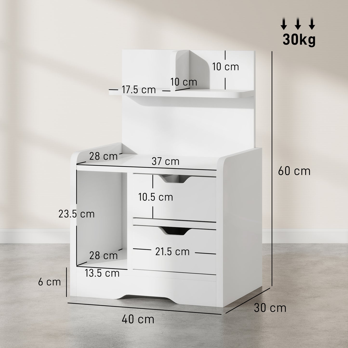 Sora Nico High Gloss White Bedside Table With 2 Drawers And Shelves