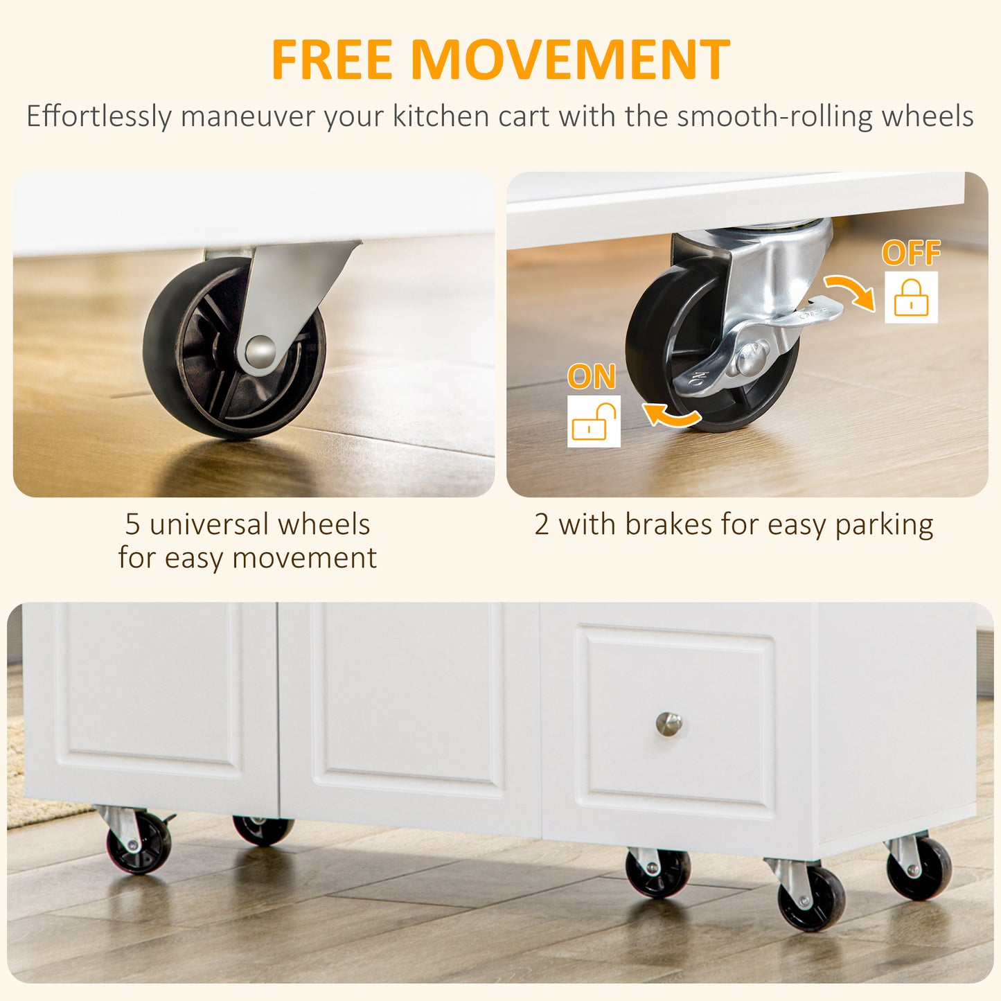 Tanalo Wooden White Rolling Kitchen Island With Drop Leaf Drawers Towel And Spice Racks