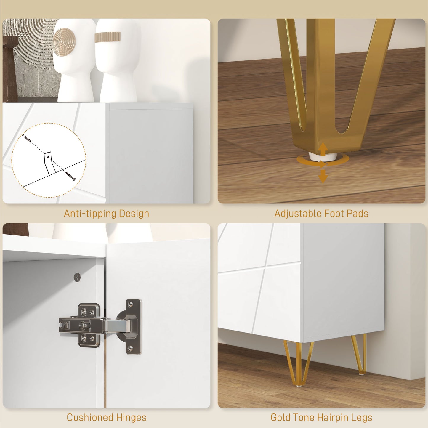 Sarota High Gloss White Luxe Sideboard With Hairpin Legs