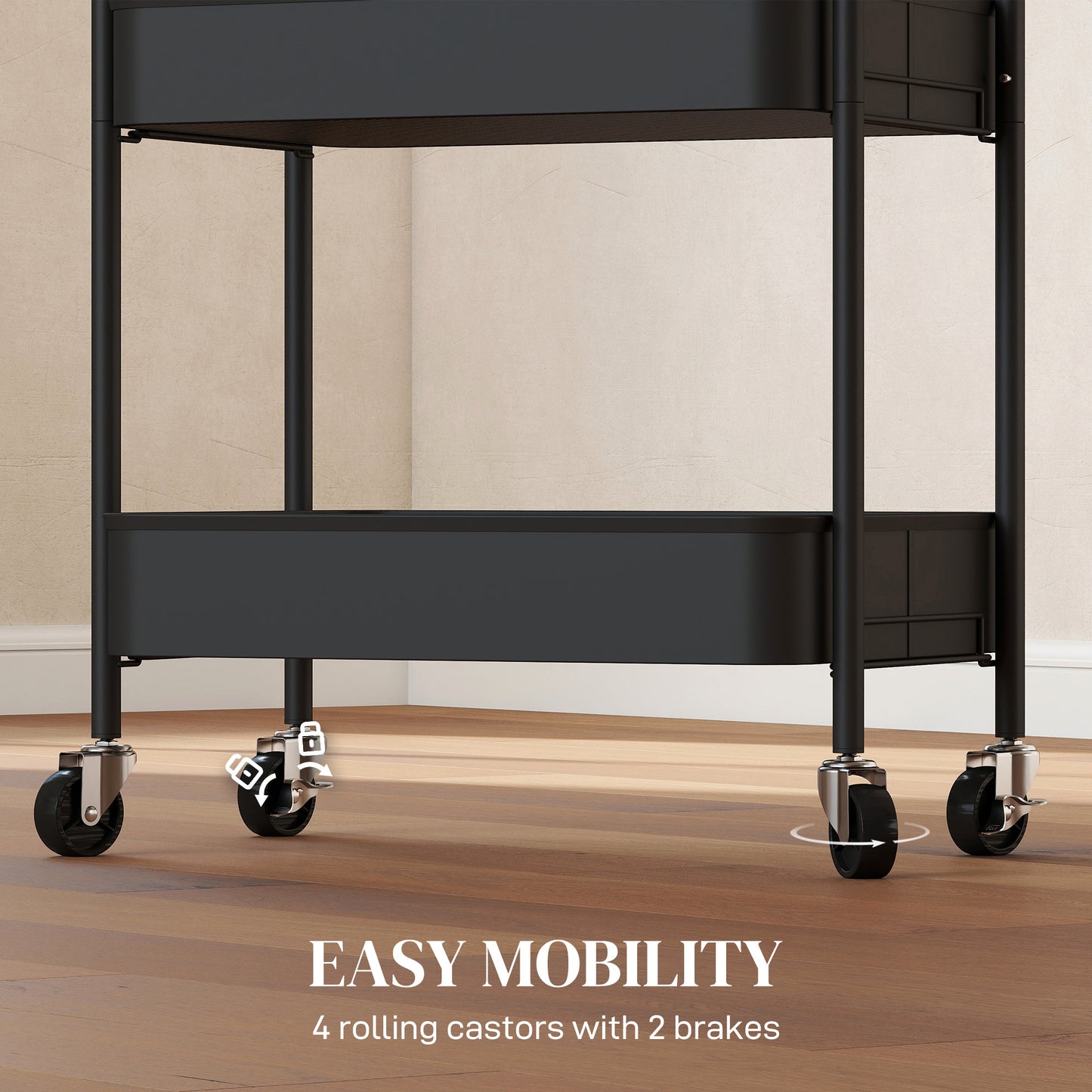 Varafi Metal Black 3 Tier Steel Storage Trolley With Wheels