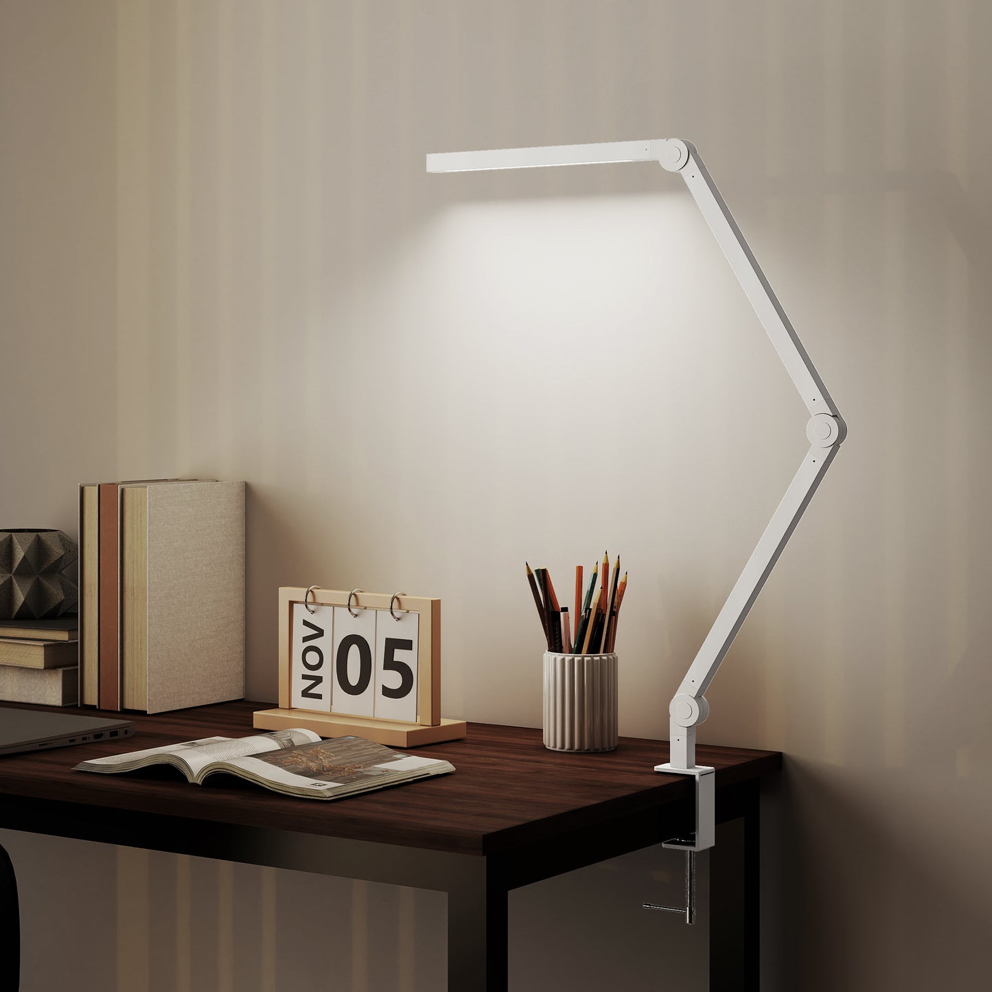 Laco Veni Metal White Dimmable Clamp Desk Lamp With Swing Arm Eye Care Light And Adjustable Brightness