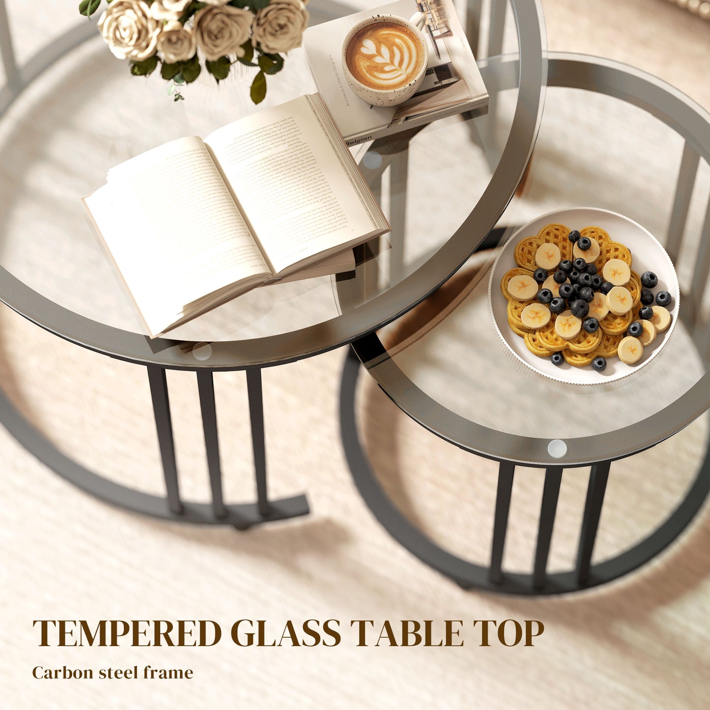 Kane Set of 2 Metal And Glass Black Round Nesting Tables With Steel Frame