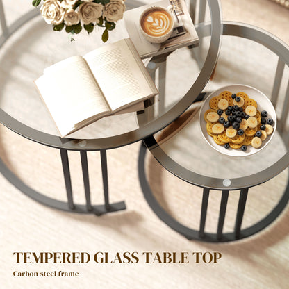 Kane Set of 2 Metal And Glass Black Round Nesting Tables With Steel Frame