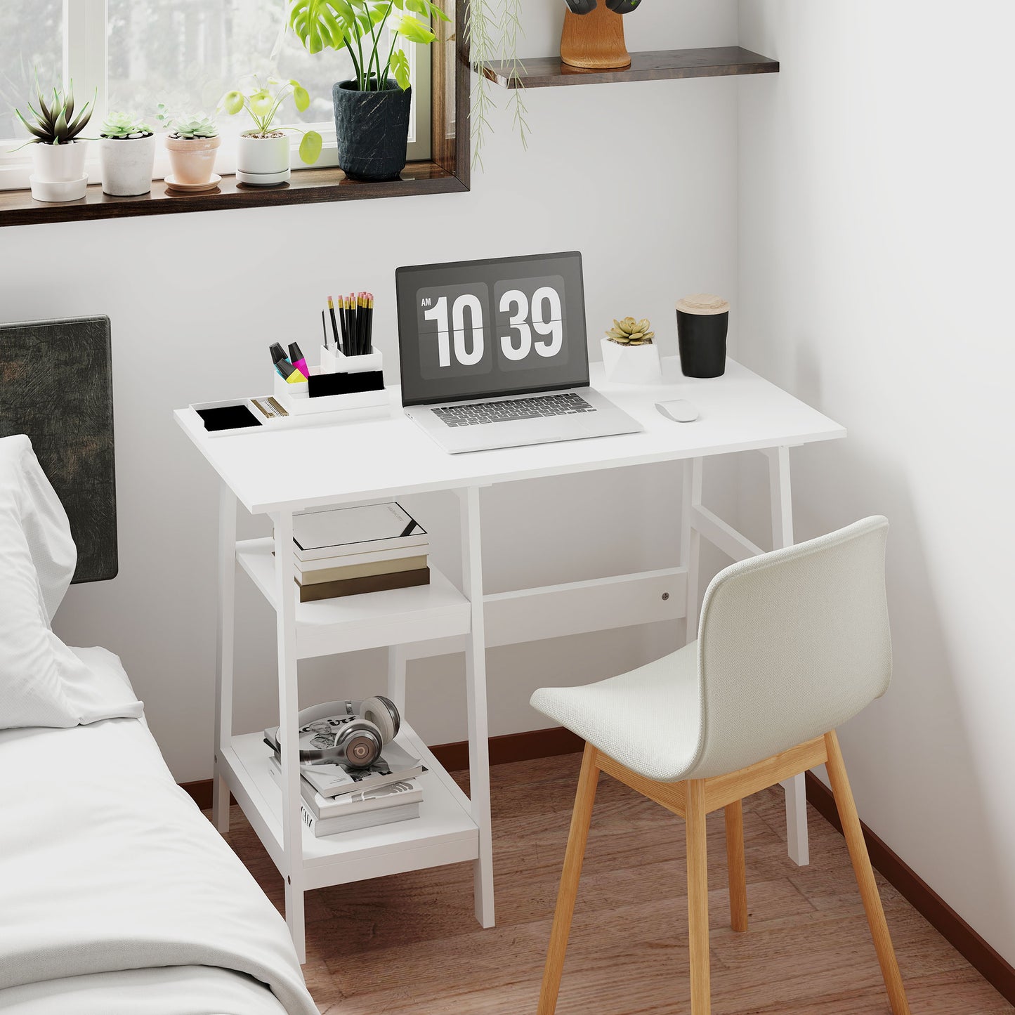 Hakeka 106cm White Wooden Compact Desk With Bookshelf Storage