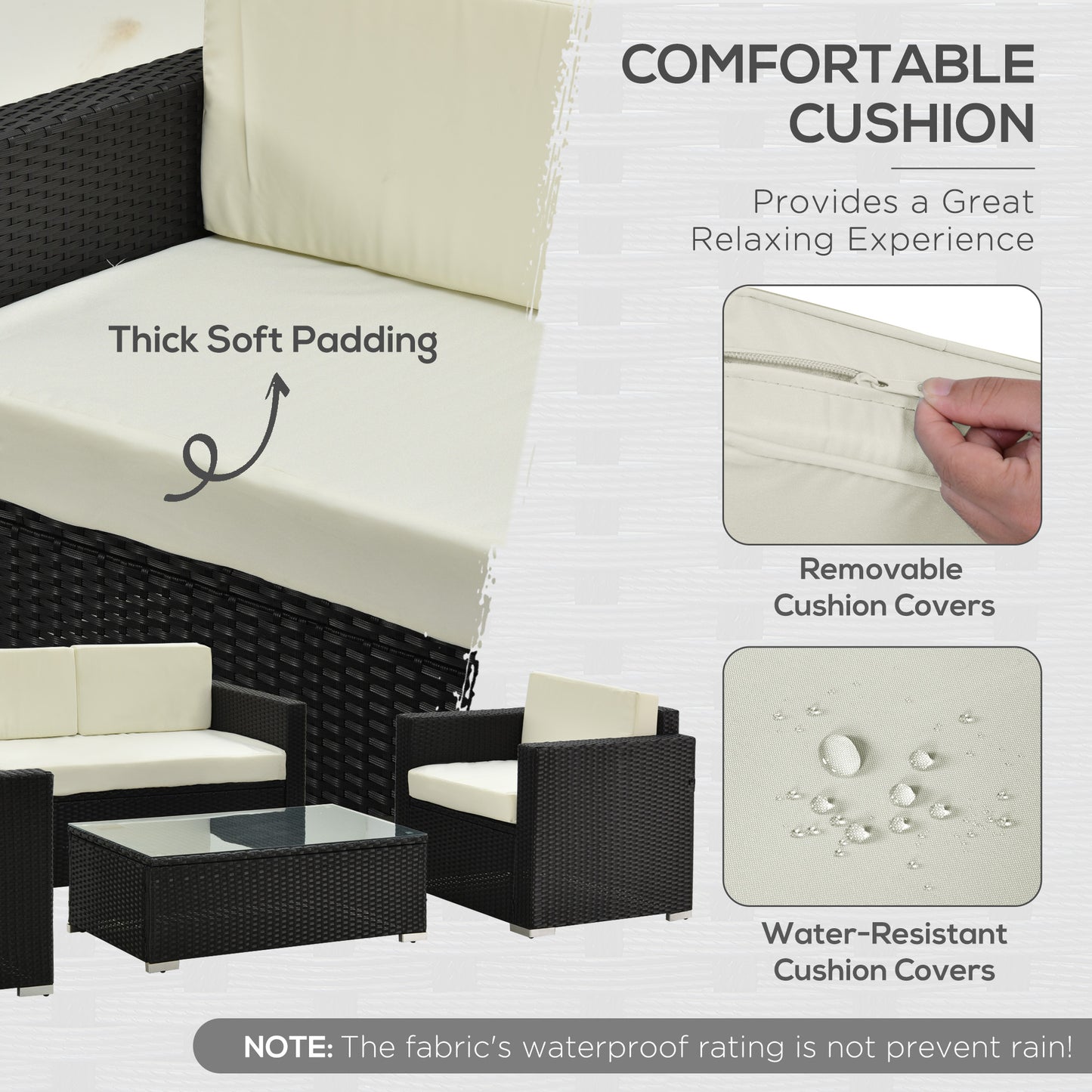 Elrolo Rattan Black 4 Seater Outdoor Sofa Set With White Cushions and Rectangular Coffee Table Glass Top