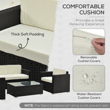 Elrolo Rattan Black 4 Seater Outdoor Sofa Set With White Cushions and Rectangular Coffee Table Glass Top