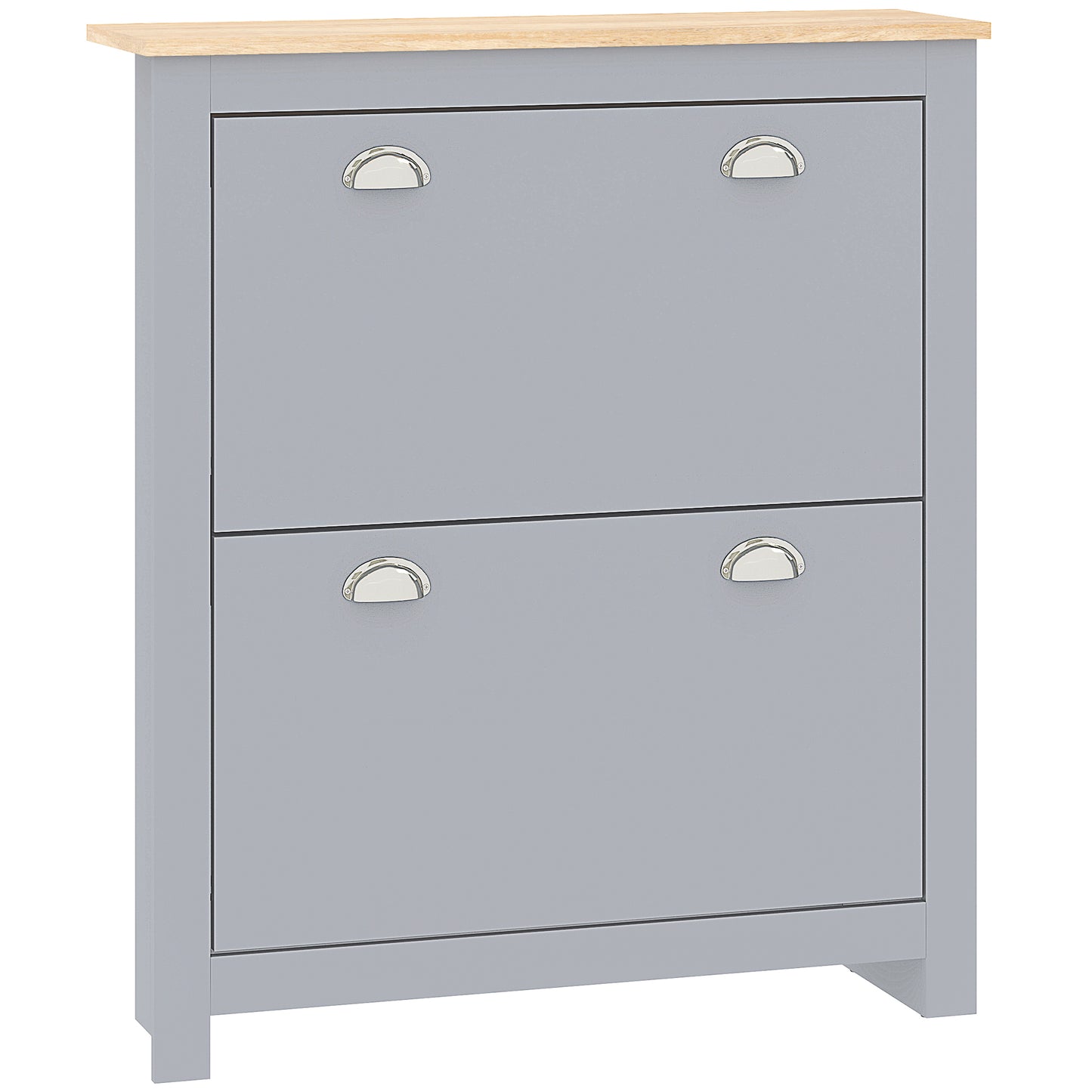 Kamcha Grey and Natural Wood Narrow Shoe Cabinet With 2 Flip Drawers For 6 To 12 Pairs