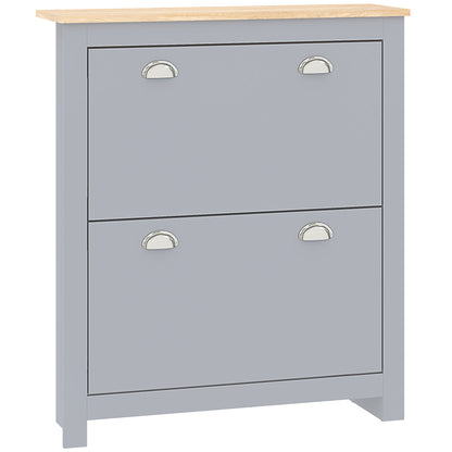 Kamcha Grey and Natural Wood Narrow Shoe Cabinet With 2 Flip Drawers For 6 To 12 Pairs