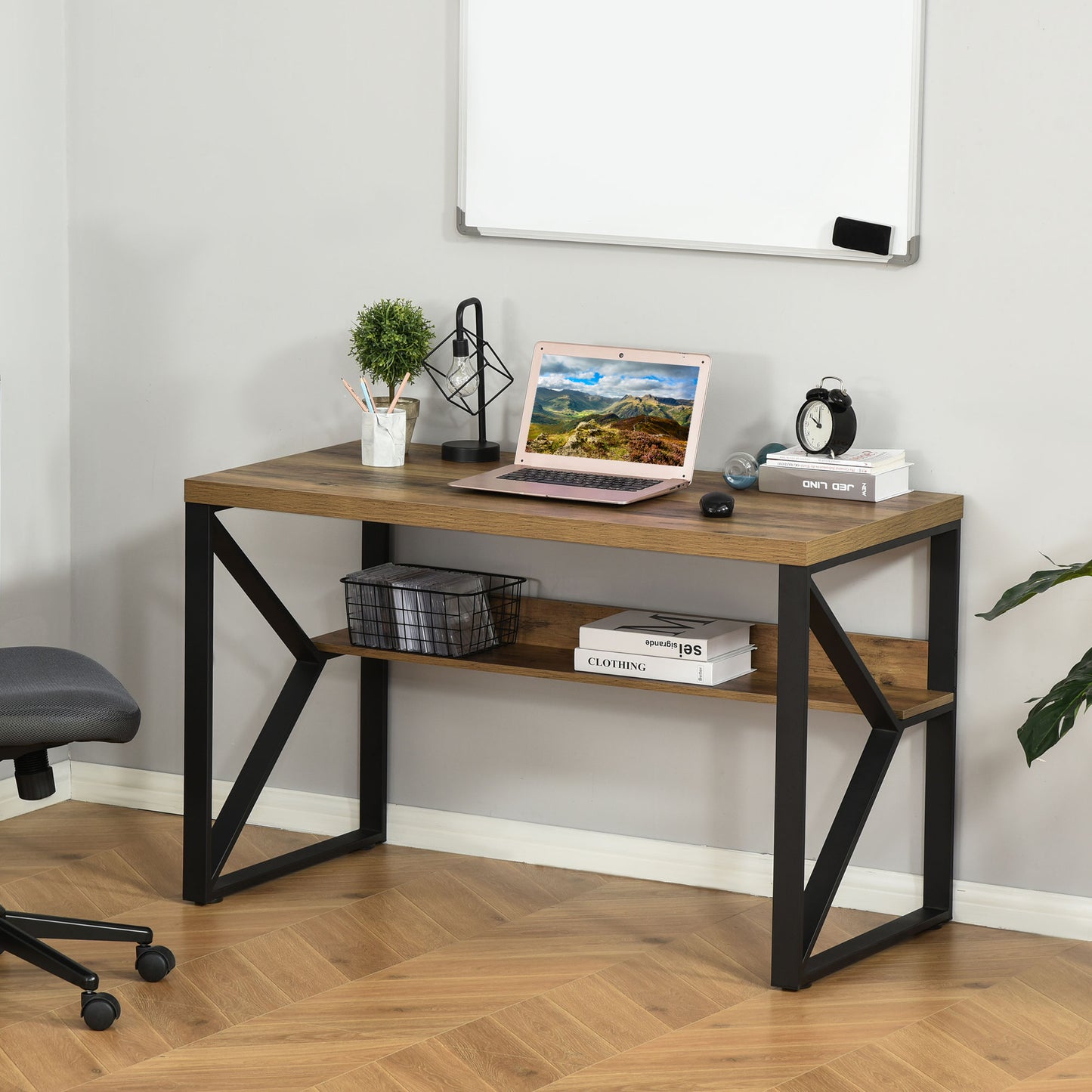 Filudi 120cm Wooden Black Brown Wood Effect Desk With Storage Shelving