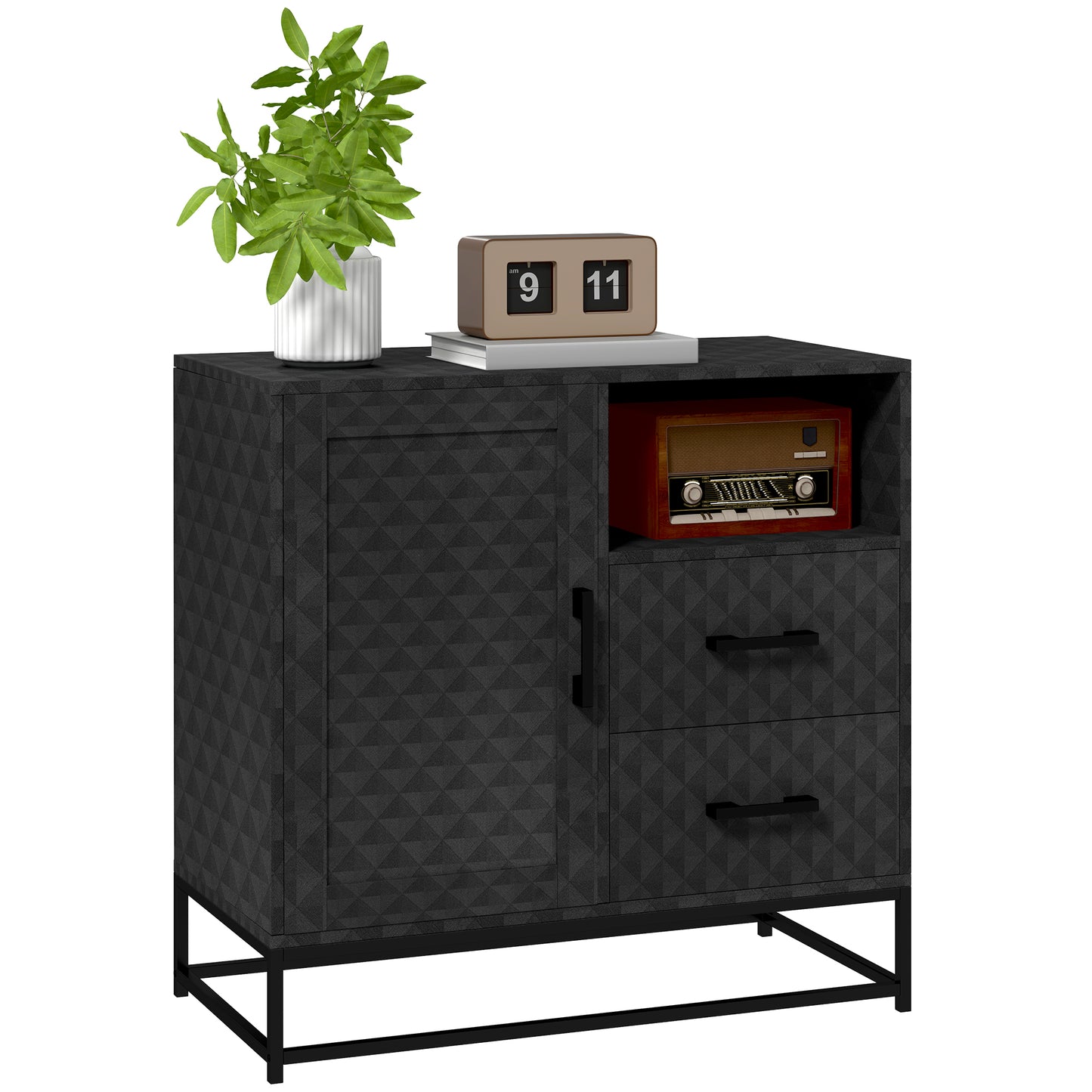 Zimaka Black Retro Sideboard With Open Compartment 2 Drawers 1 Door