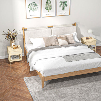 Dilamo Set Of 2 Farmhouse Bedside Tables With Rattan Drawer And Open Shelf