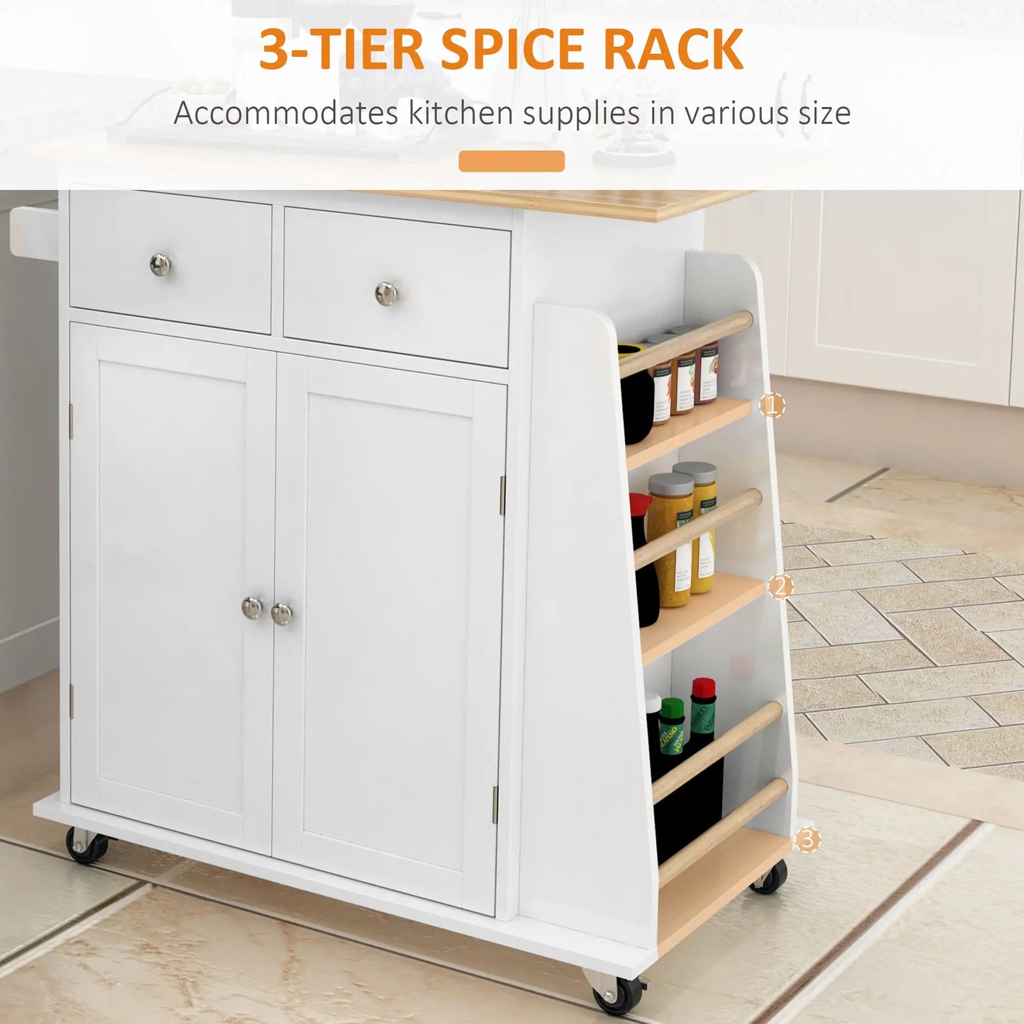 Rubberwood Top Kitchen Island On Wheels With Cabinets Drawers Spice Rack And Shelves