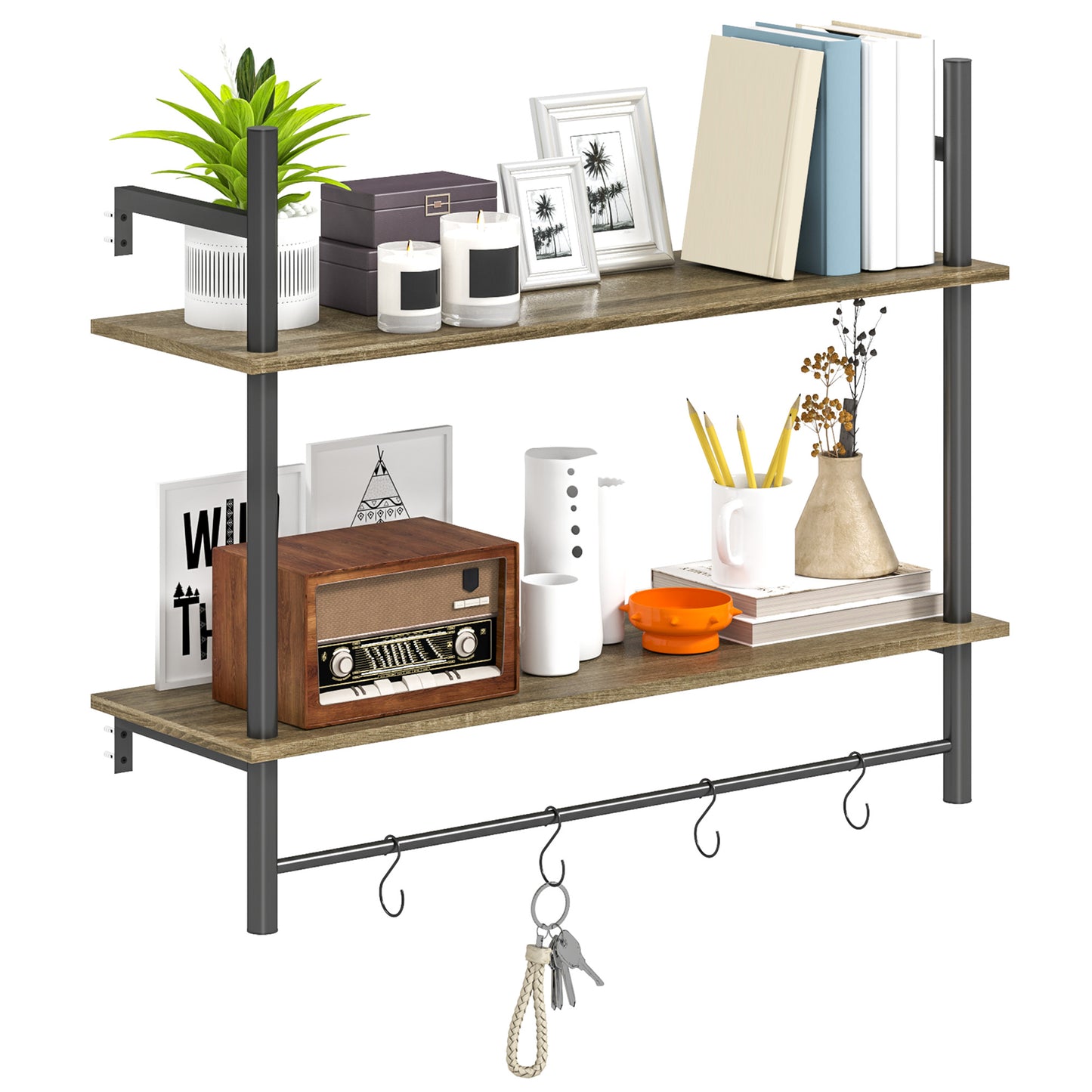 Vimoso Wood Grey Wall Mounted Floating Shelves With 4 Hooks For Entryway And Living Space