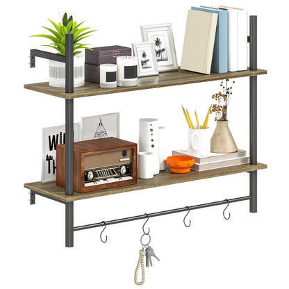 Vimoso Wood Grey Wall Mounted Floating Shelves With 4 Hooks For Entryway And Living Space