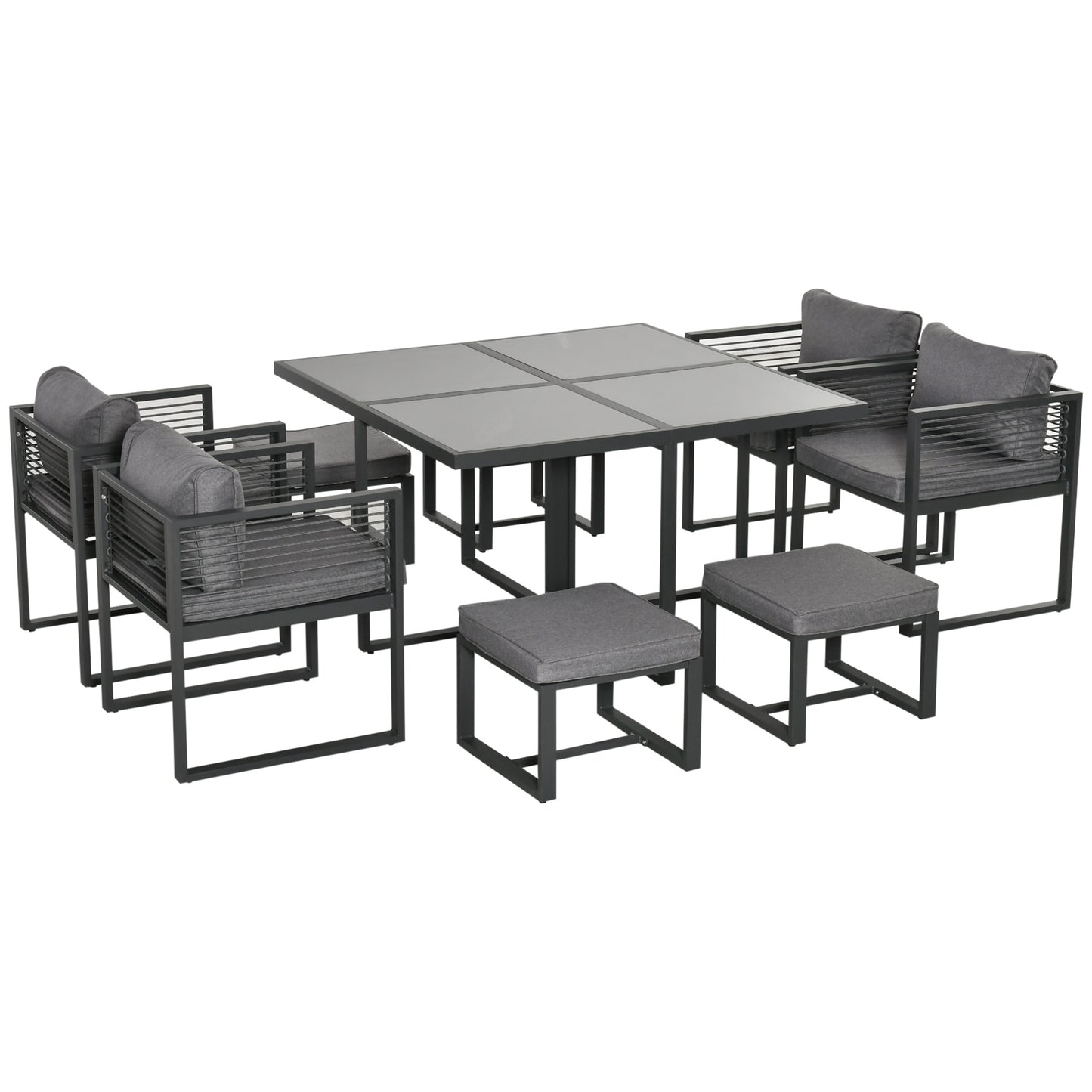 Sekalu Grey 8 Seater Grey Rattan Rope and Aluminium Outdoor Dining Set With Glass Top Table