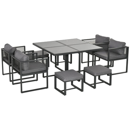 Sekalu Grey 8 Seater Grey Rattan Rope and Aluminium Outdoor Dining Set With Glass Top Table