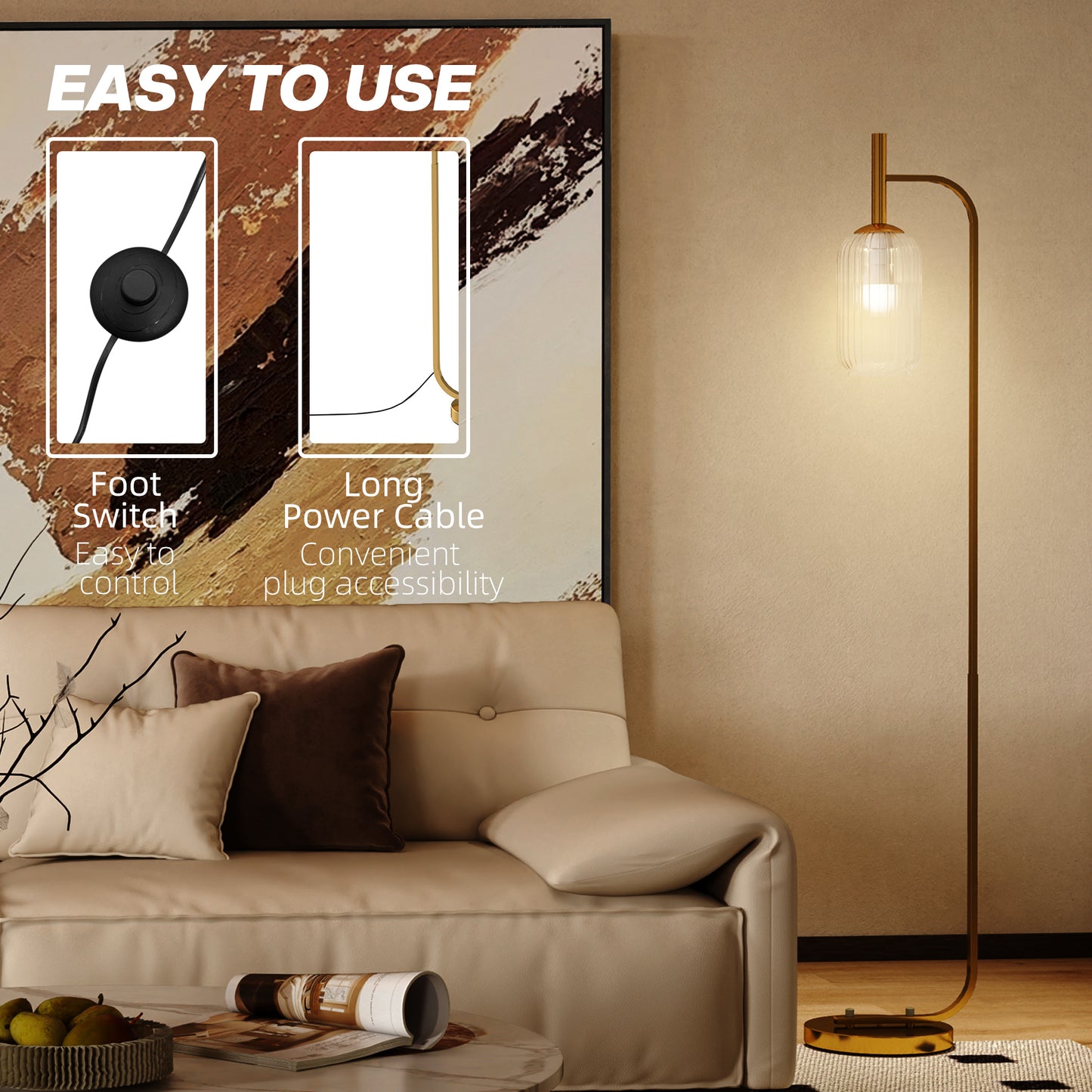 Lamittu Metal Gold Tone Floor Lamp With Glass Shade And Foot Switch