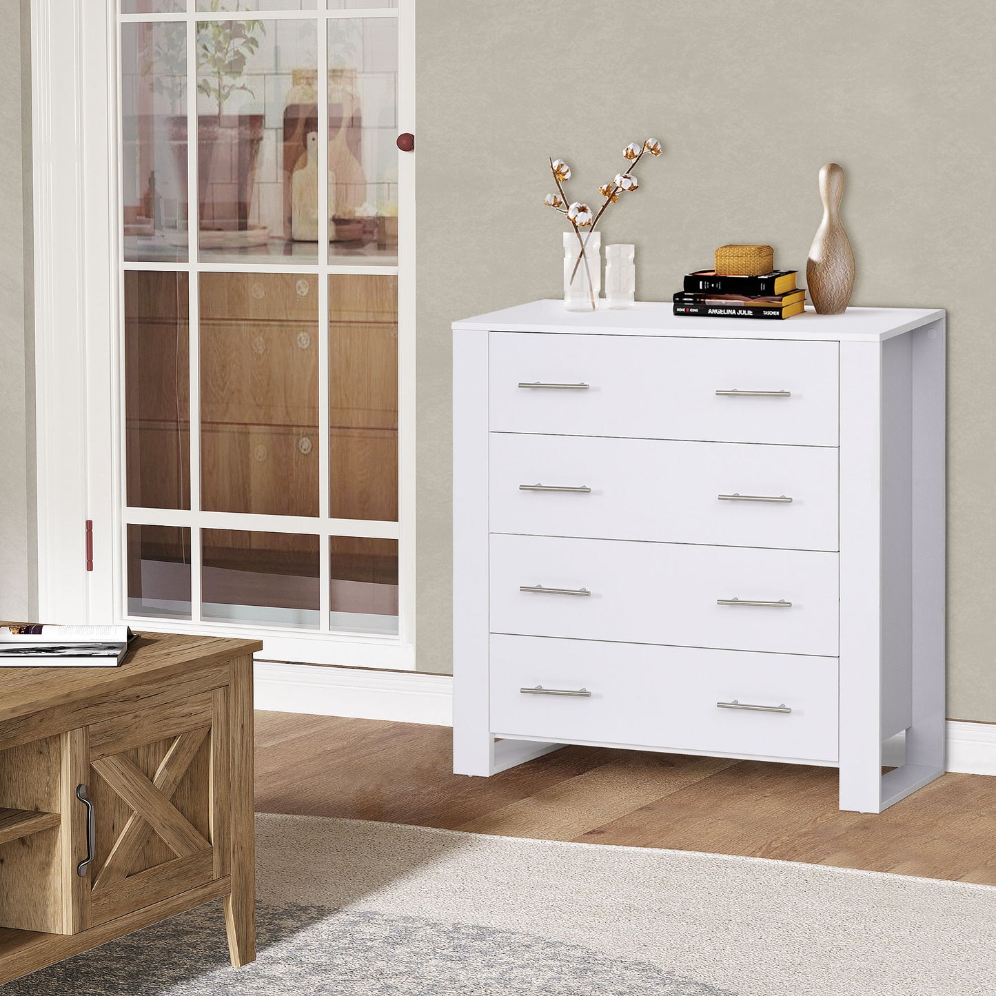 Moyota Wooden White 4 Drawer Storage Chest With Silver Metal Handles