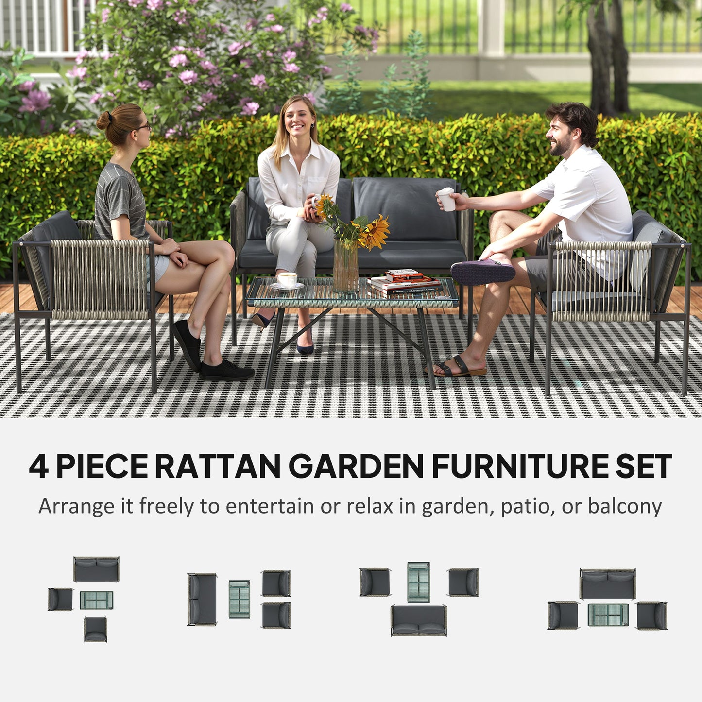 Rira Rattan Rope Grey 4 Seater Round Outdoor Sofa Set