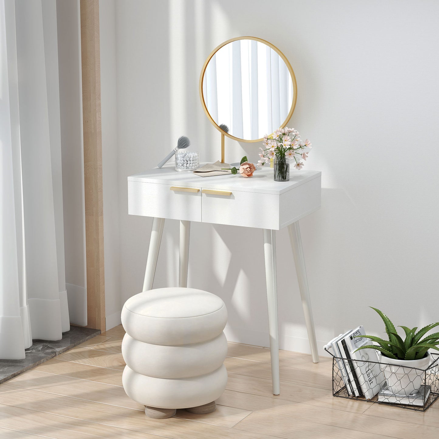Sovaha White Elegant Dressing Table With Round Mirror 60 x 40 x 123cm