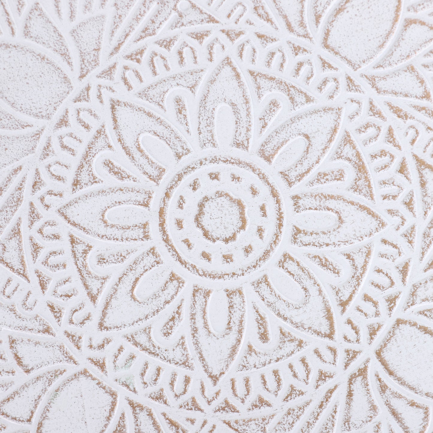 Nona Wood White Round Coffee Table With Carved Floral Tray Top