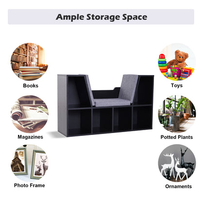 Yofilo Wood And Fabric Black Cube Bookcase With Built In Reading Seat