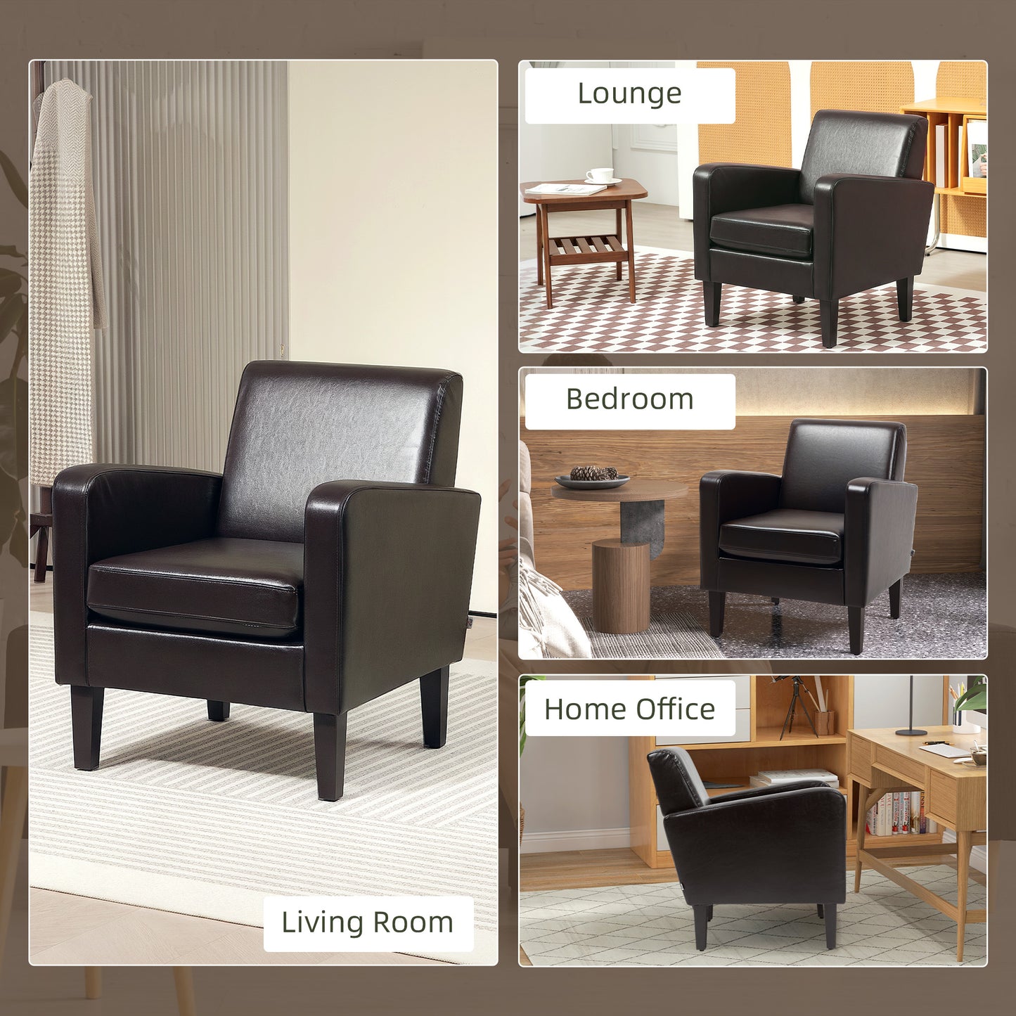 Kafiyo Nepa Brown Faux Leather Vintage Armchair Wooden Legs