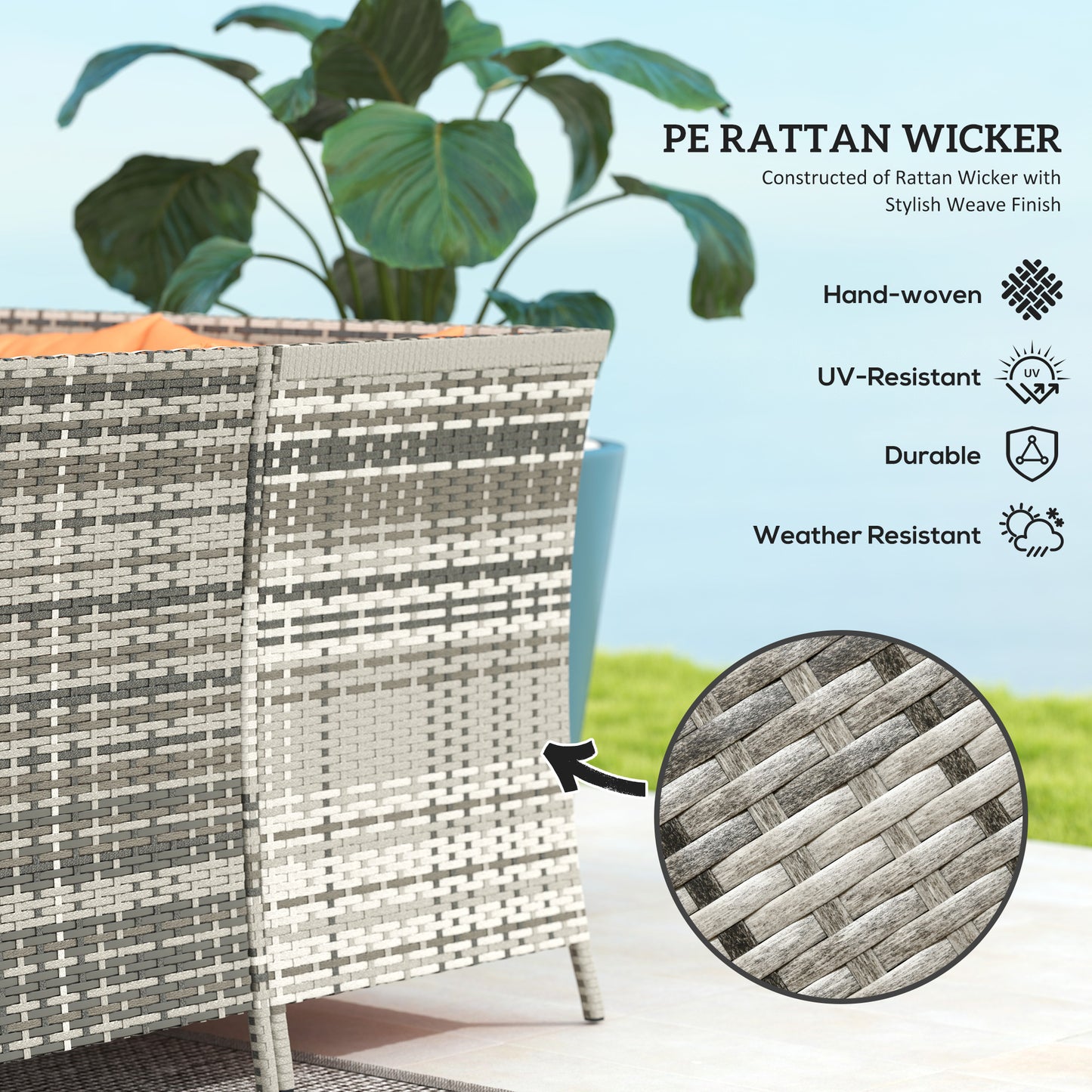 Tasu Rattan Orange And Grey 7 Seater Outdoor Sofa Set With Cushions And Glass Tables