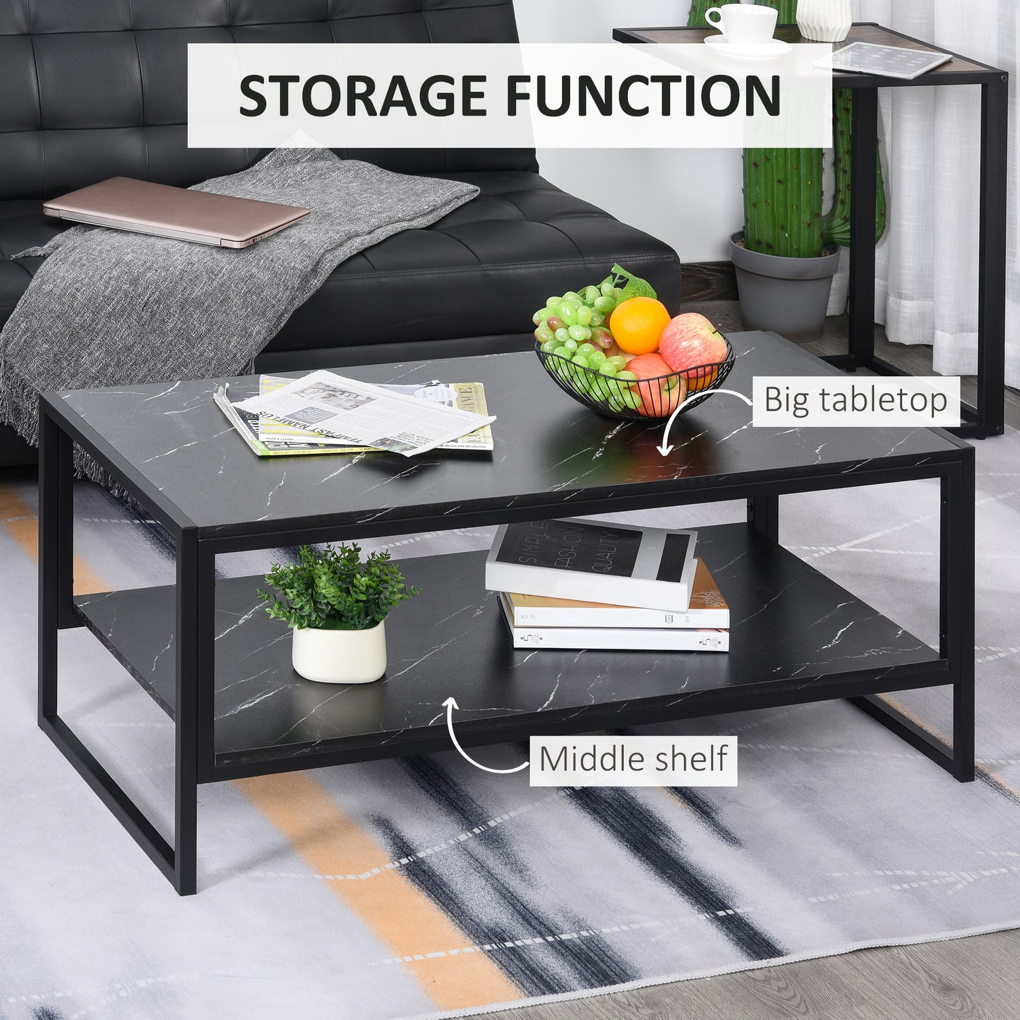 Minaba Metal And Wood Black 2 Tier Marble Effect Coffee Table With Bottom Shelf