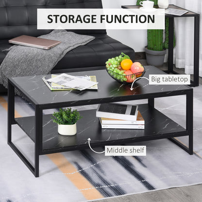 Minaba Metal And Wood Black 2 Tier Marble Effect Coffee Table With Bottom Shelf