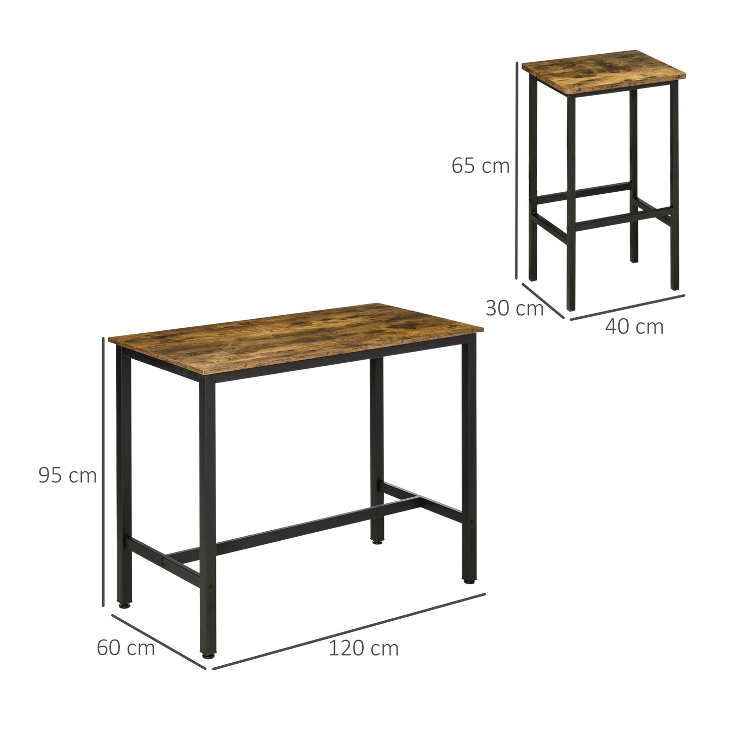 Nofi Metal And Wood Rustic Brown 3 Piece Bar Dining Set With 2 Stools