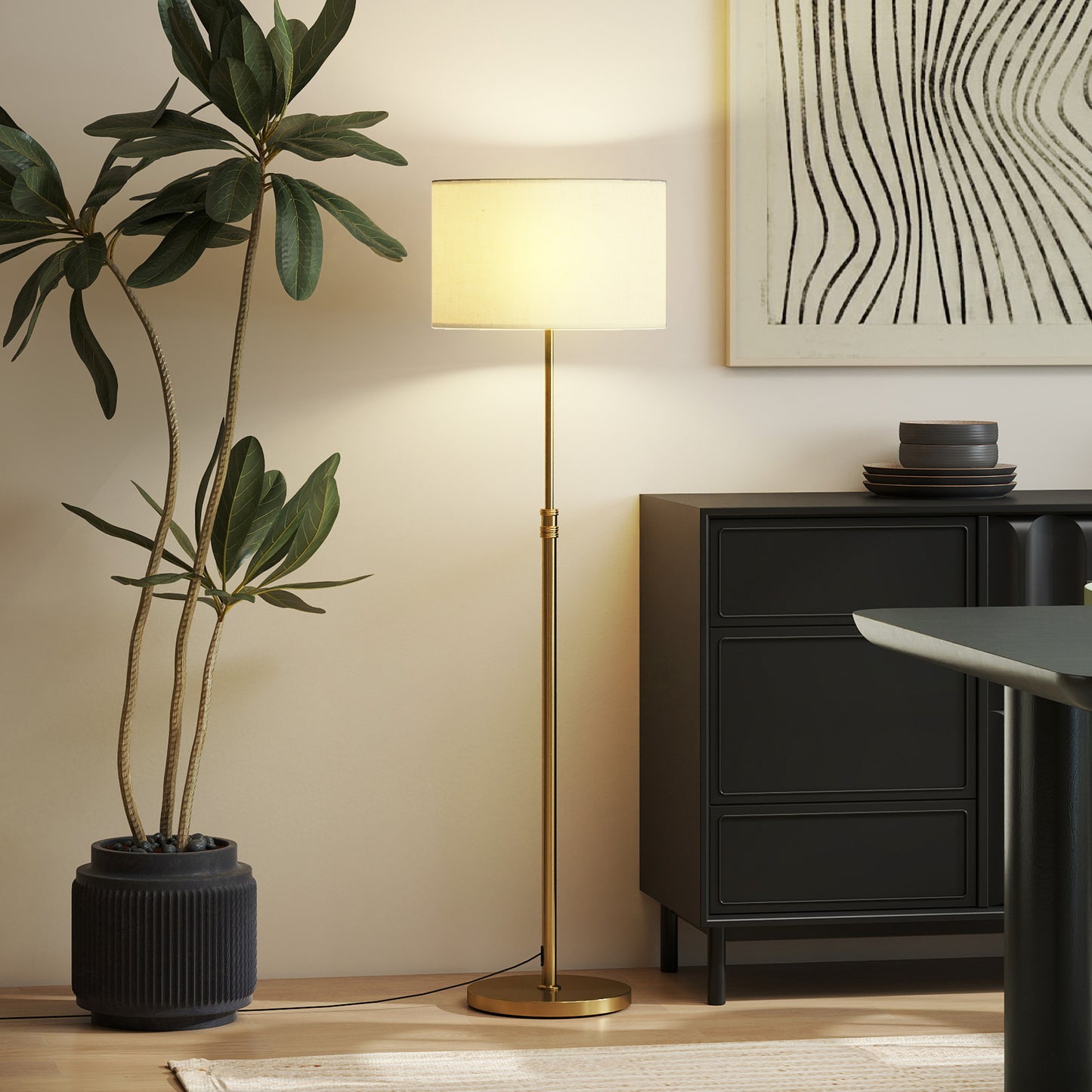 Mava Metal Gold Tone Adjustable Floor Lamp With Linen Shade Dimmable