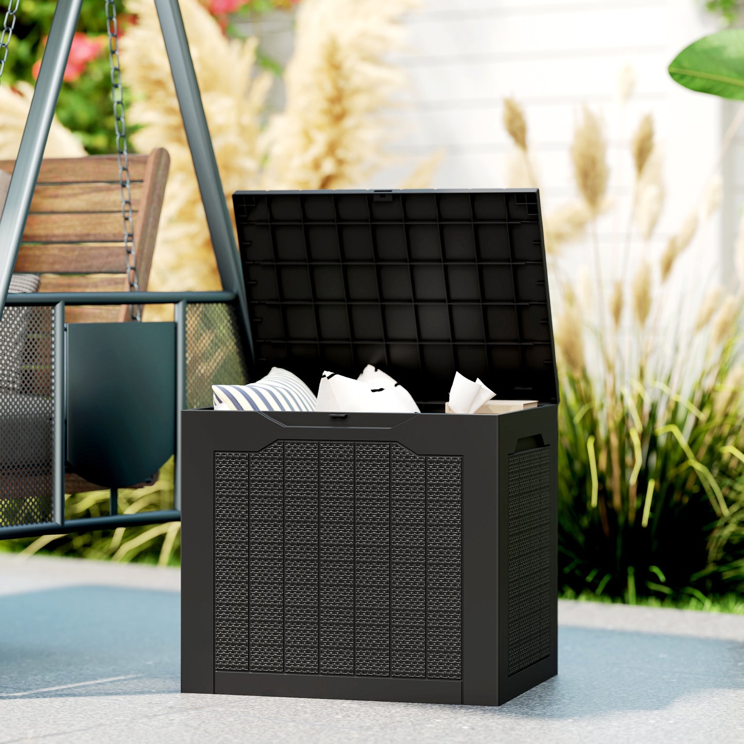 Vevino Nela Plastic Black Outdoor Garden Storage Box With Handles 93 Litre Capacity