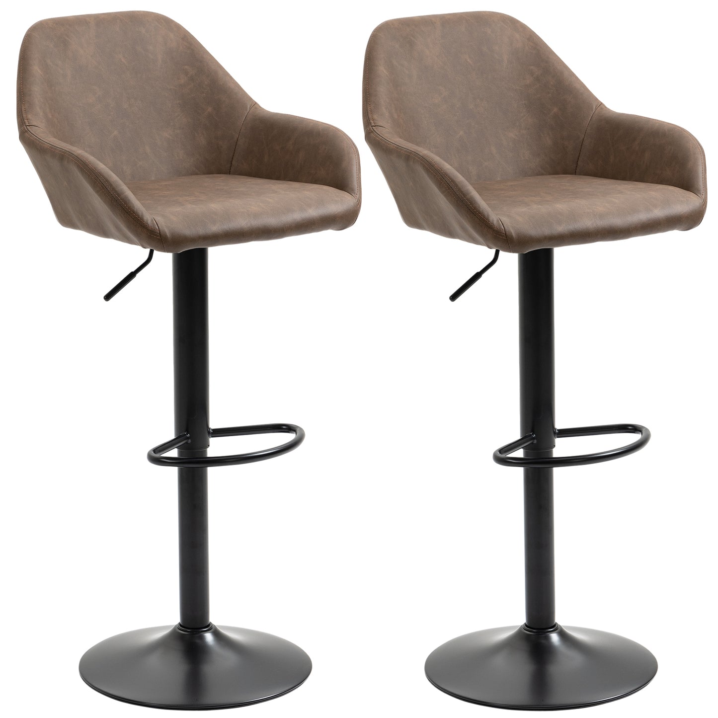 Fadota Set Of 2 Dark Brown Faux Leather Adjustable Bar Chairs With Armrests