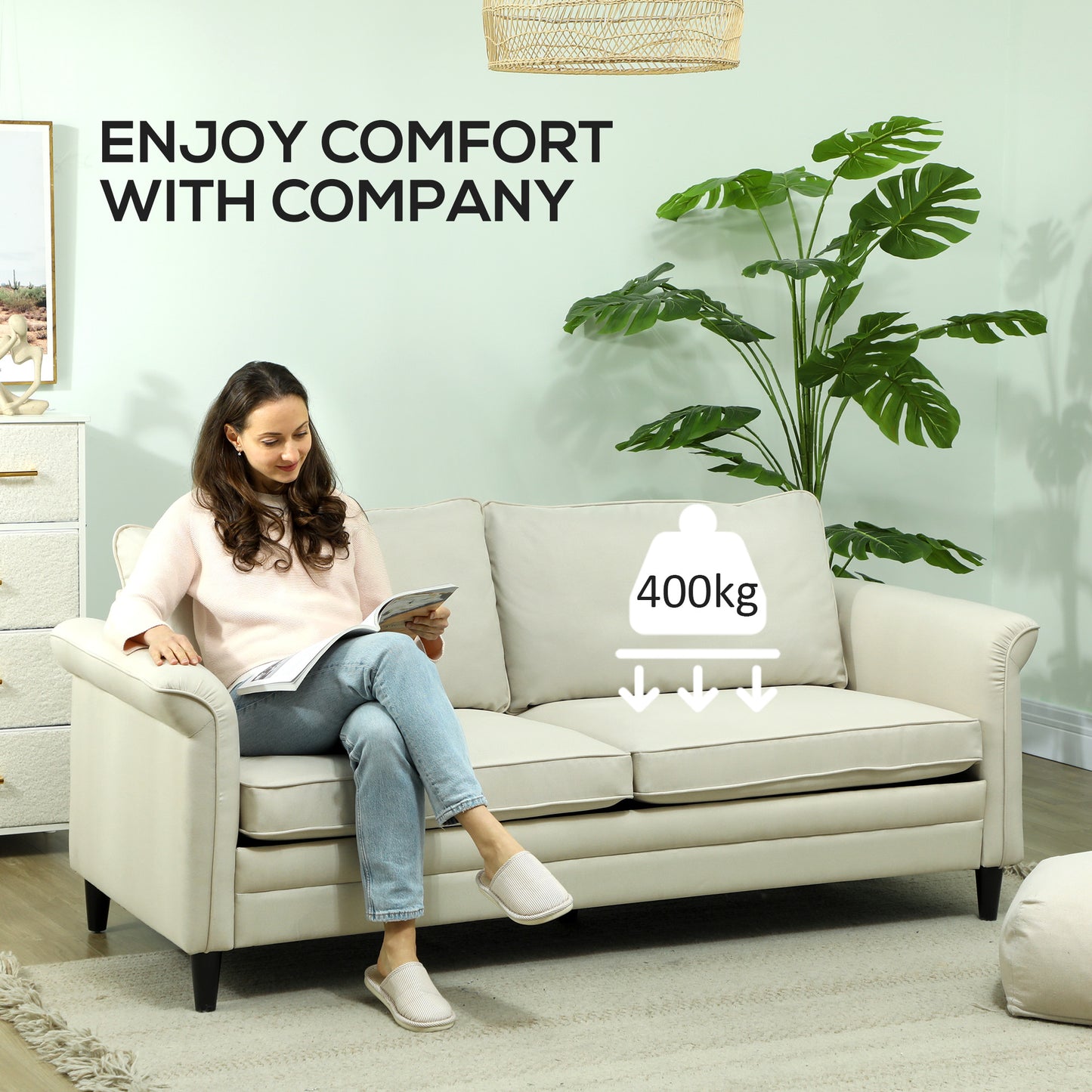 Totake Saro Cream Fabric 3 Seater Sofa With Spring Cushions And Black Legs